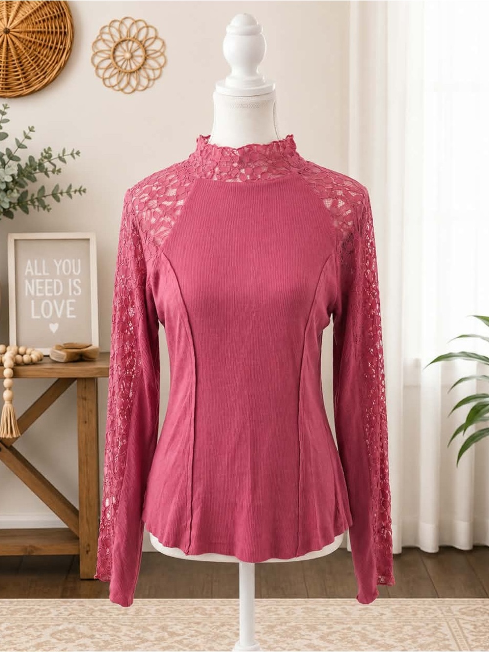 High-Neck Lace Yoke Long Sleeve Blouse - Dusty Rose